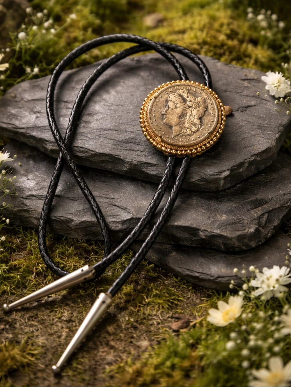 Vintage Morgan Dollar Bolo Tie – Black Braided Western Coin Accessory